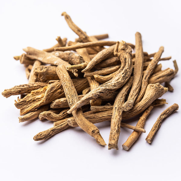 Ashwagandha root cluster on white background