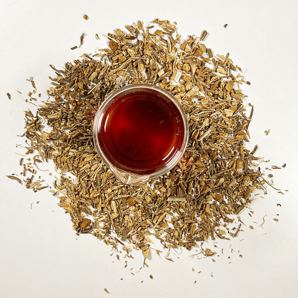 Celluar extract of Butchers broom in a beaker orange in colour, with dried leave surrounding it