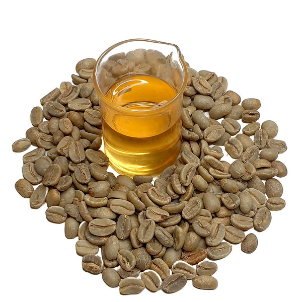 Dried green coffee beans surround a beaker with NATIVE EXTRACTS Green Coffee Bean Cellular Extract, golden yellow in colour