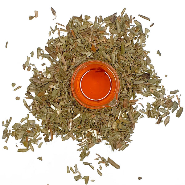 The Native Extracts Olive Leaf Cellular Extract is in a beaker, surrounded by dried olive leaves. The Olive Leaf Cellular Extract is orange.